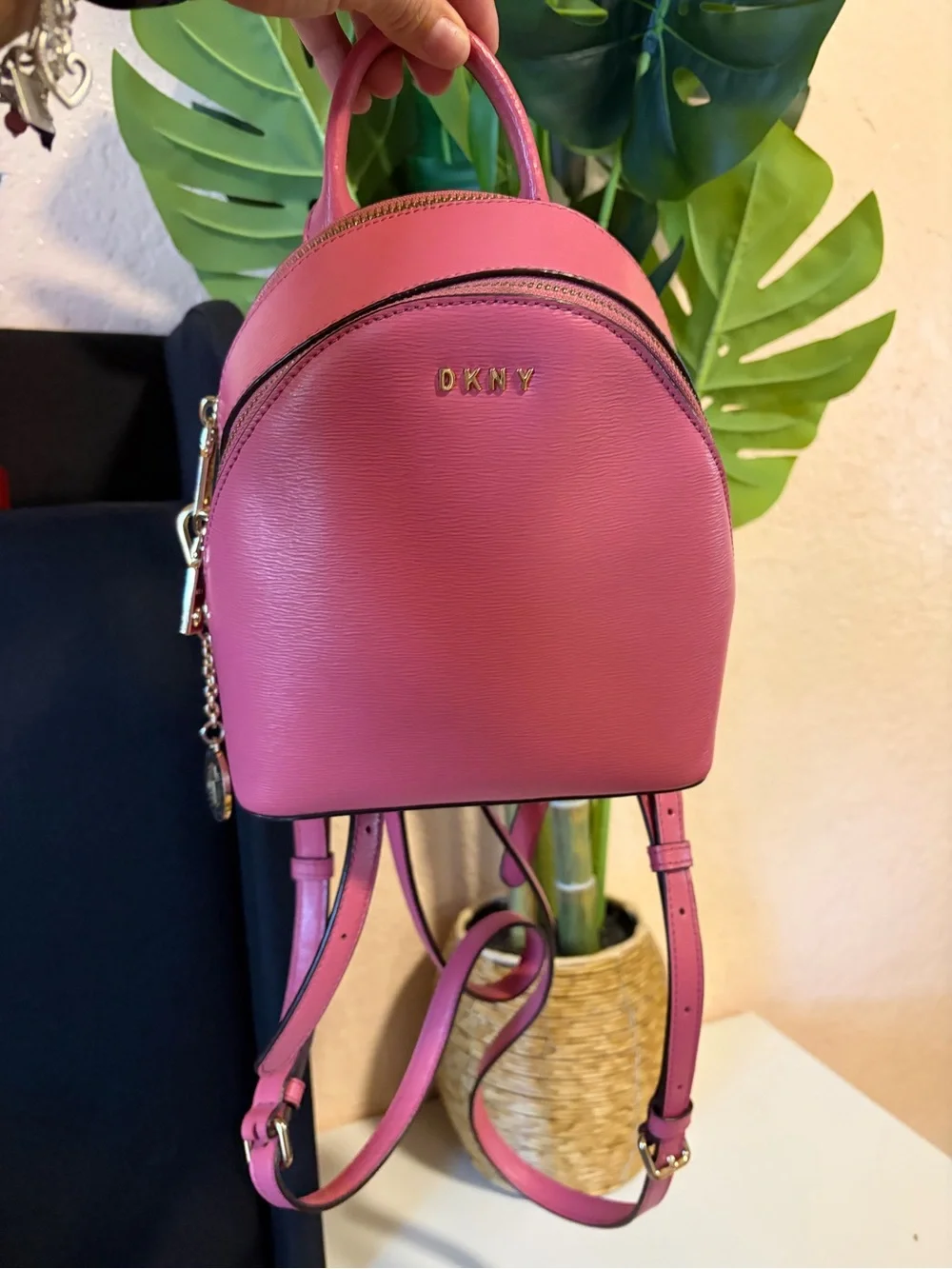 DKNY Hot Pink Mini Leather Backpack with Gold Hardware